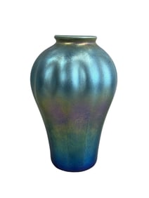 Rare Early 20th C Blue Tiffany Favrile Iridescent Ribbed Vase