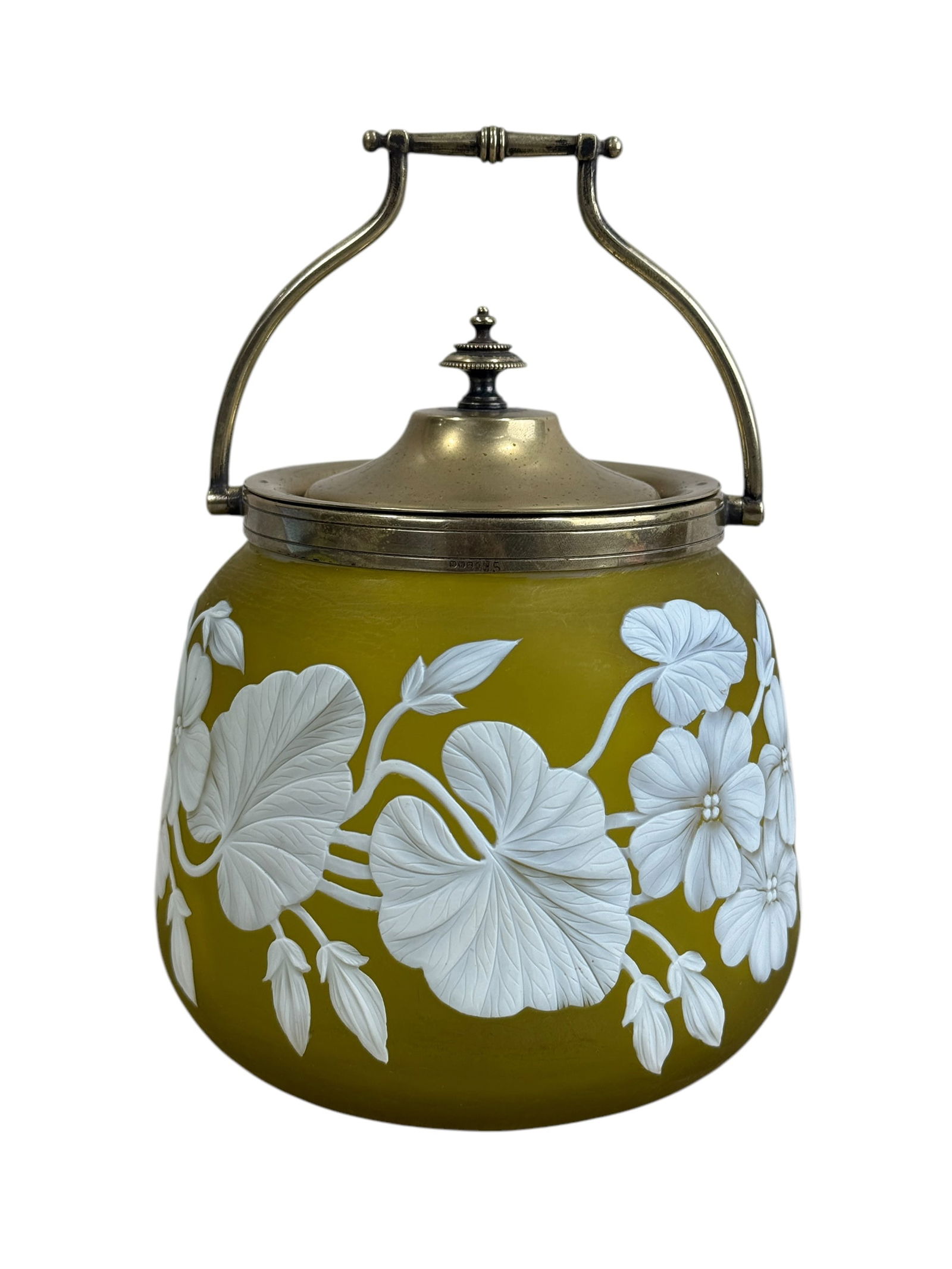 English Thomas Webb & Sons Cameo Art Glass Biscuit Jar: English Thomas Webb & Sons Cameo Art Glass Biscuit Jar. Silverplate lid and bail. Measures 6.25" H x 5.5" W.