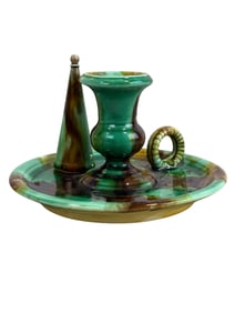 Rare C. 1870 English Majolica Leaf Chamberstick w/ Orig. Snuffer