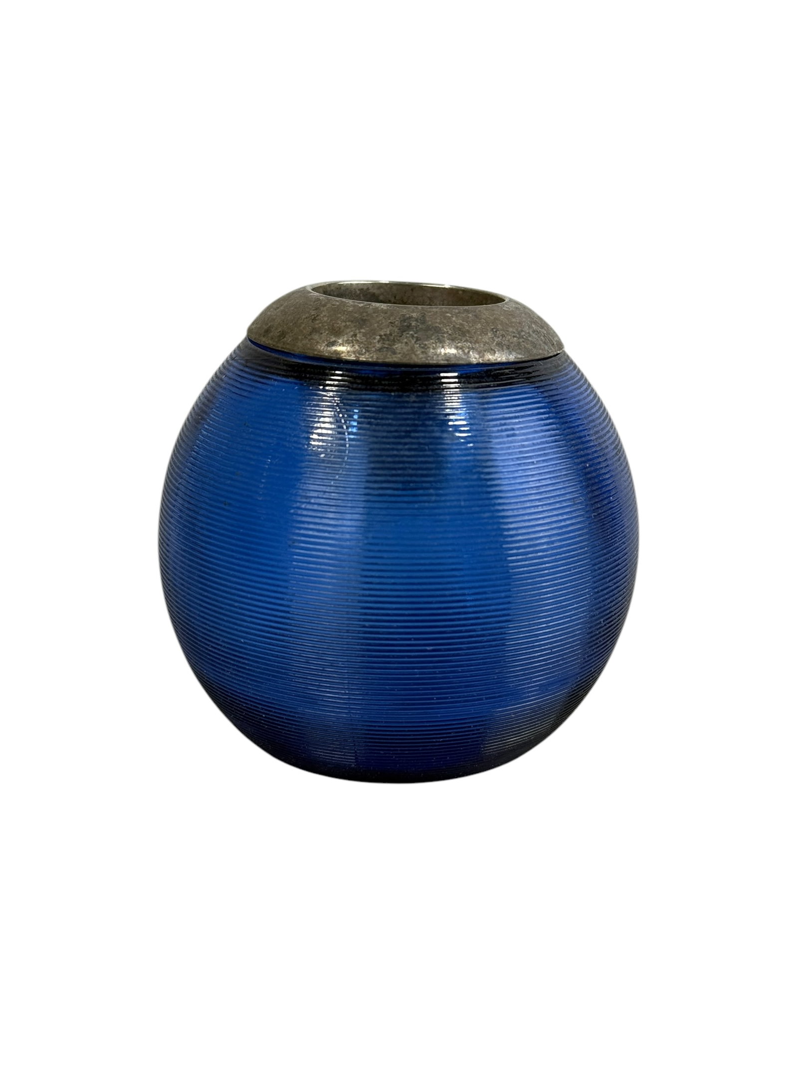 Annabel Jones Blue Glass Match Stricker: Annabel Jones Blue Glass Match Stricker. Marked AJ on the bottom and silver collar is marked AJ. Measures 3" Tall.