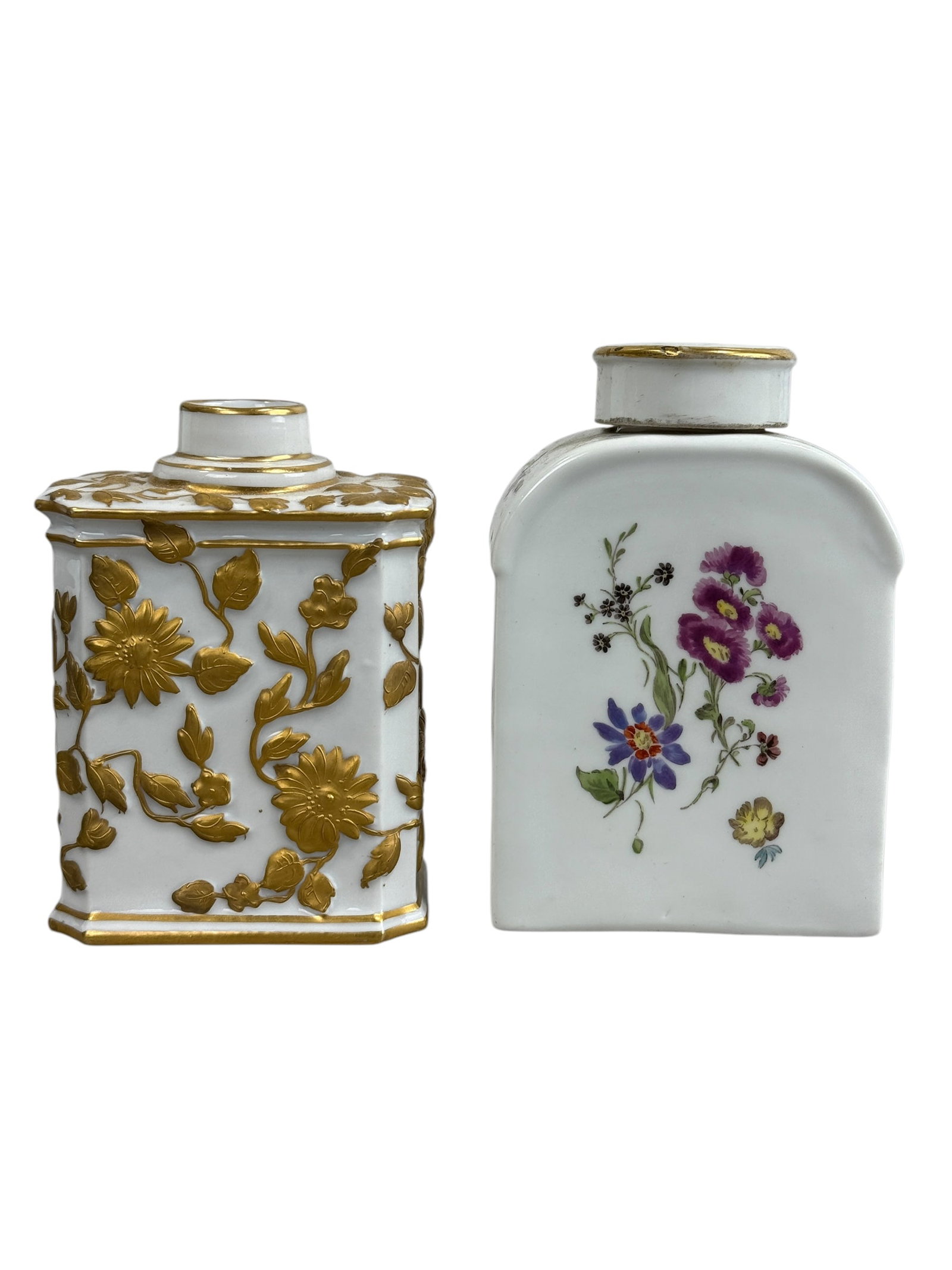 2 Porcelain Tea Caddies: 2 Porcelain Tea Caddies. Gold Leaf Tea Caddy measures 4.75" Tall and Meissen Tea Caddy measures 4.25" Tall.