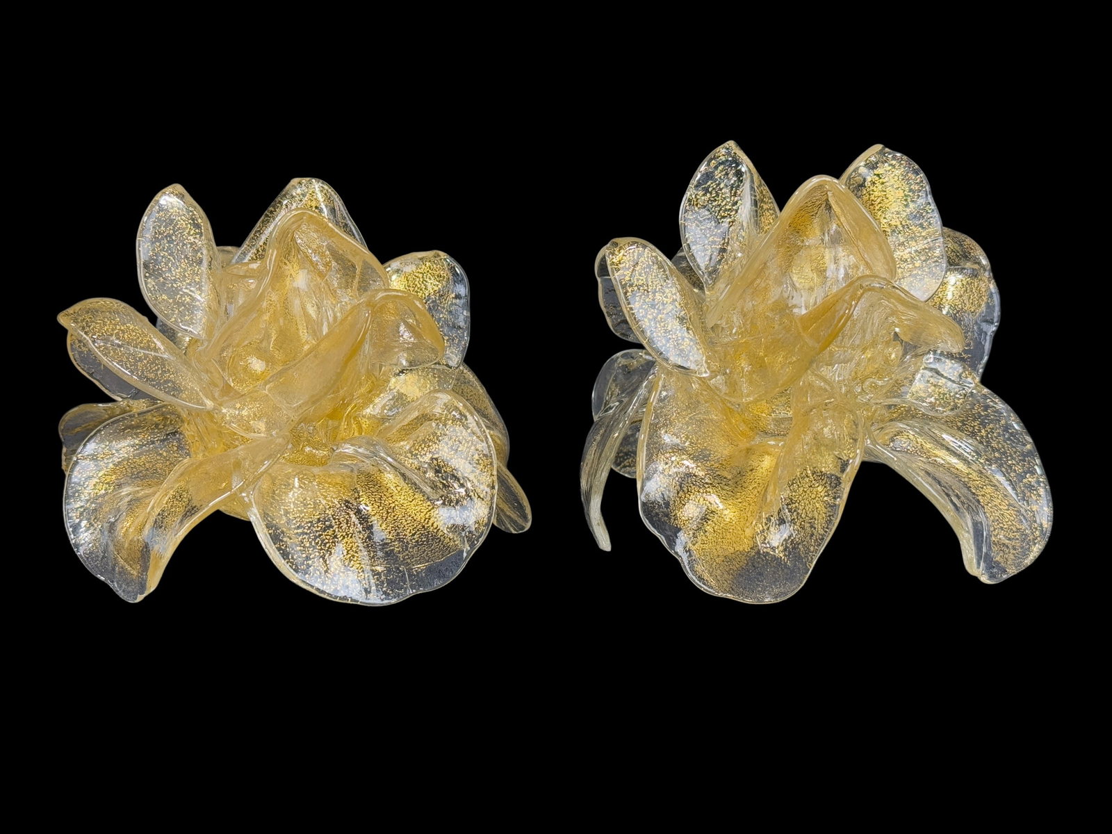 Pair of Signed Prouly Venetian Glass Candle Holders: Pair of Signed Prouly Venetian Glass Candle Holders. Both are signed prouly on the bottom but very hard to see. Measures 3.5" Tall.
