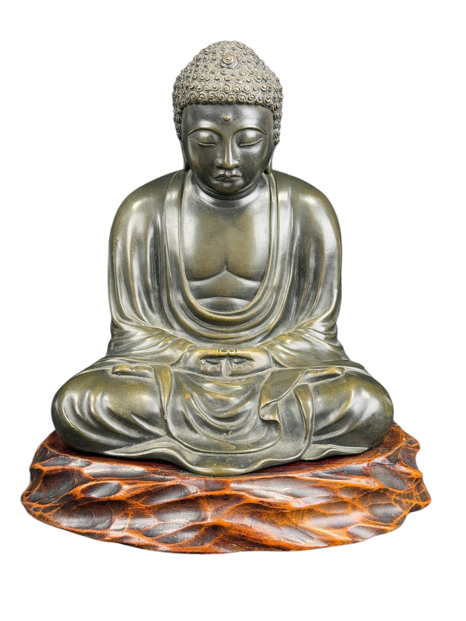 19th C. Bronze Japanese Edo Buddha w/ Wood Base: 19th C. Bronze Japanese Edo Buddha w/ Wood Base. Buddha measures 8.25" H x 7" W x 6" D. Base measures 8.5" W x 7.5" D.
