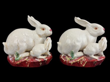 Pair of Majolica Rabbit Sculptures
