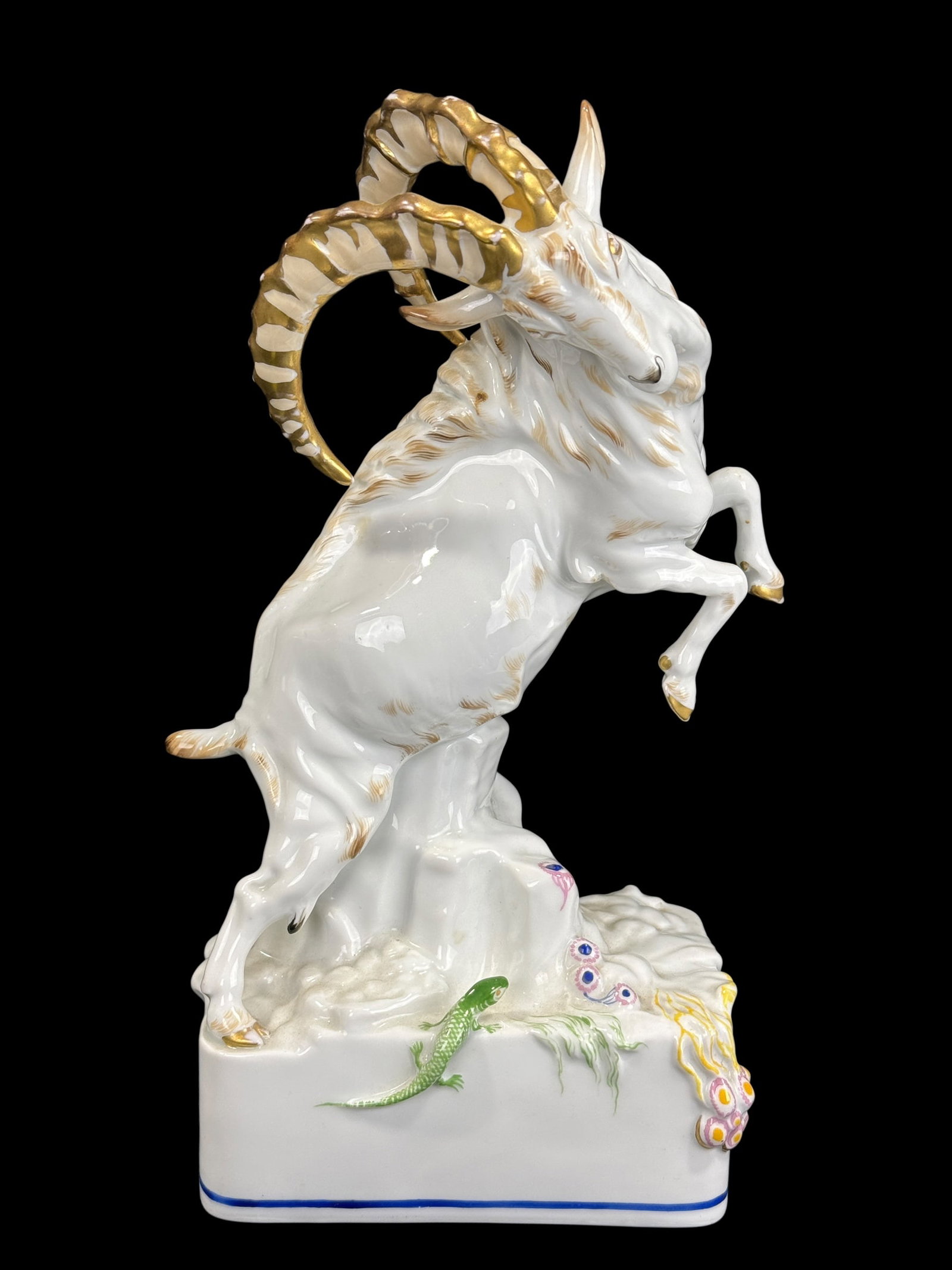 Signed Dresden Porcelain Ram Figure: Signed Dresden Porcelain Ram Figure. Markings on the bottom and signature on the front of the base seems to read A. Bergey. Measures 13.25" H x 7.25" W.
