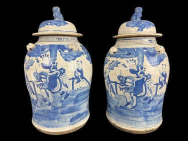 Pair of 19th C. Chinese Qing Blue & White Ginger Jars