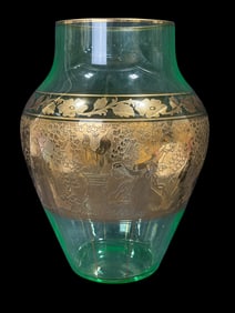 Moser Art Deco Uranium Glass Gilt Frieze Vase