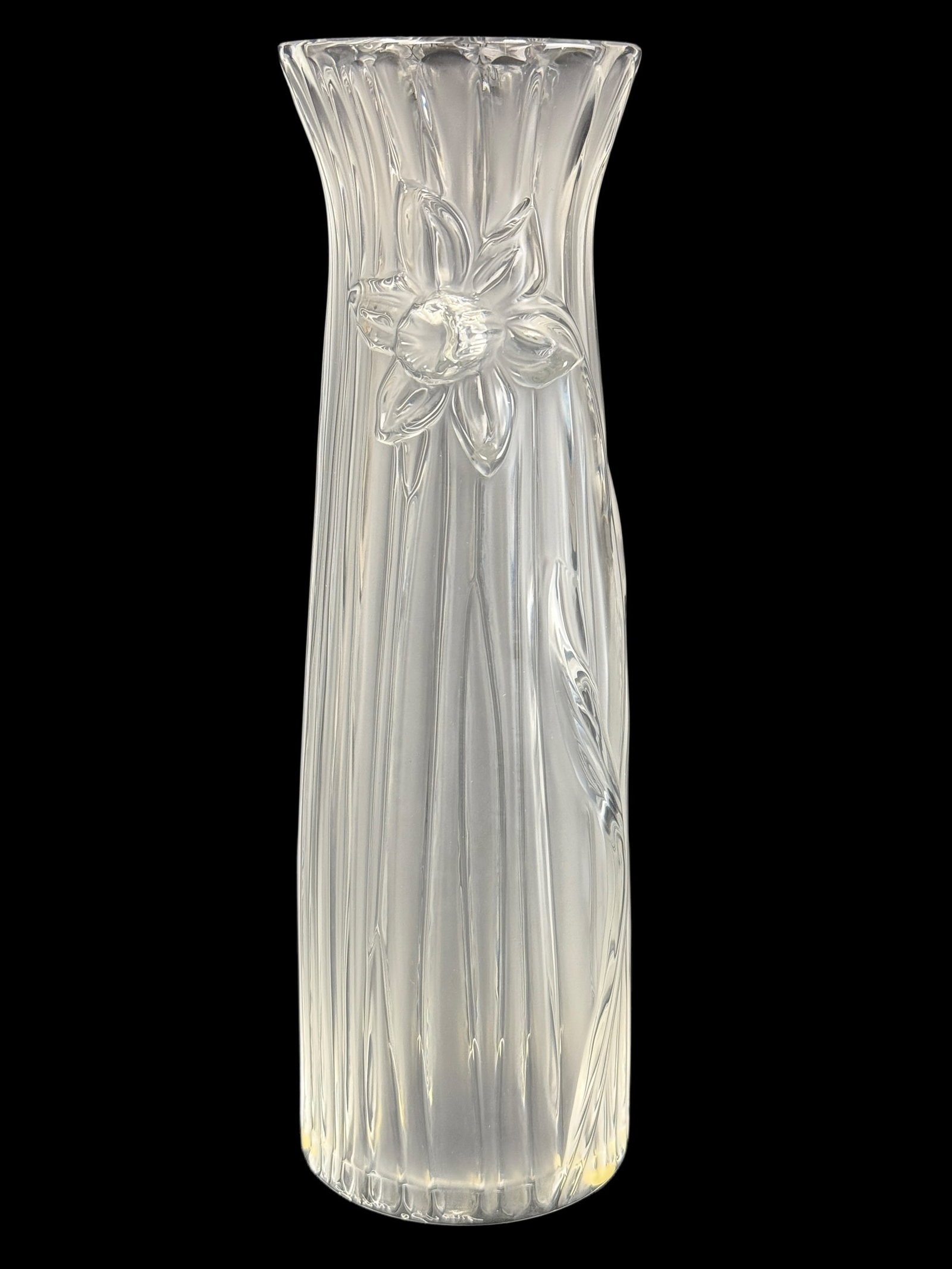 Signed Lalique France Crystal "Jonquille" Vase: Signed Lalique France Crystal "Jonquille" Vase. Signed Lalique France on the bottom and Lalique on the inside of vase. Comes with original box. Measures 10.75" Tall.