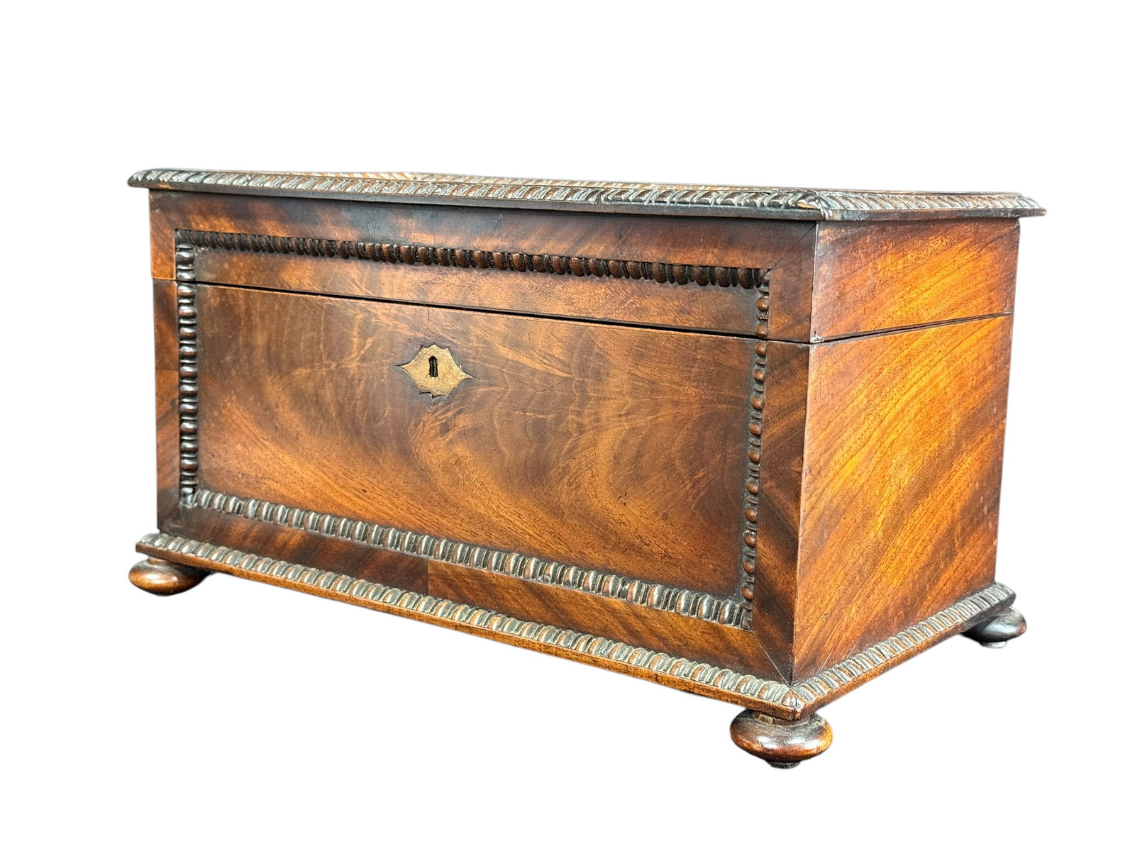 19th C. Mahogany English Regency Tea Caddy: 19th C. Mahogany English Regency Tea Caddy. Measures 7" H x 12.5" W x 6.75" D.