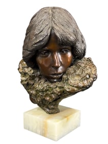 Signed 1979 G.W. Lundeen Bronze Woman Bust on Onyx Base