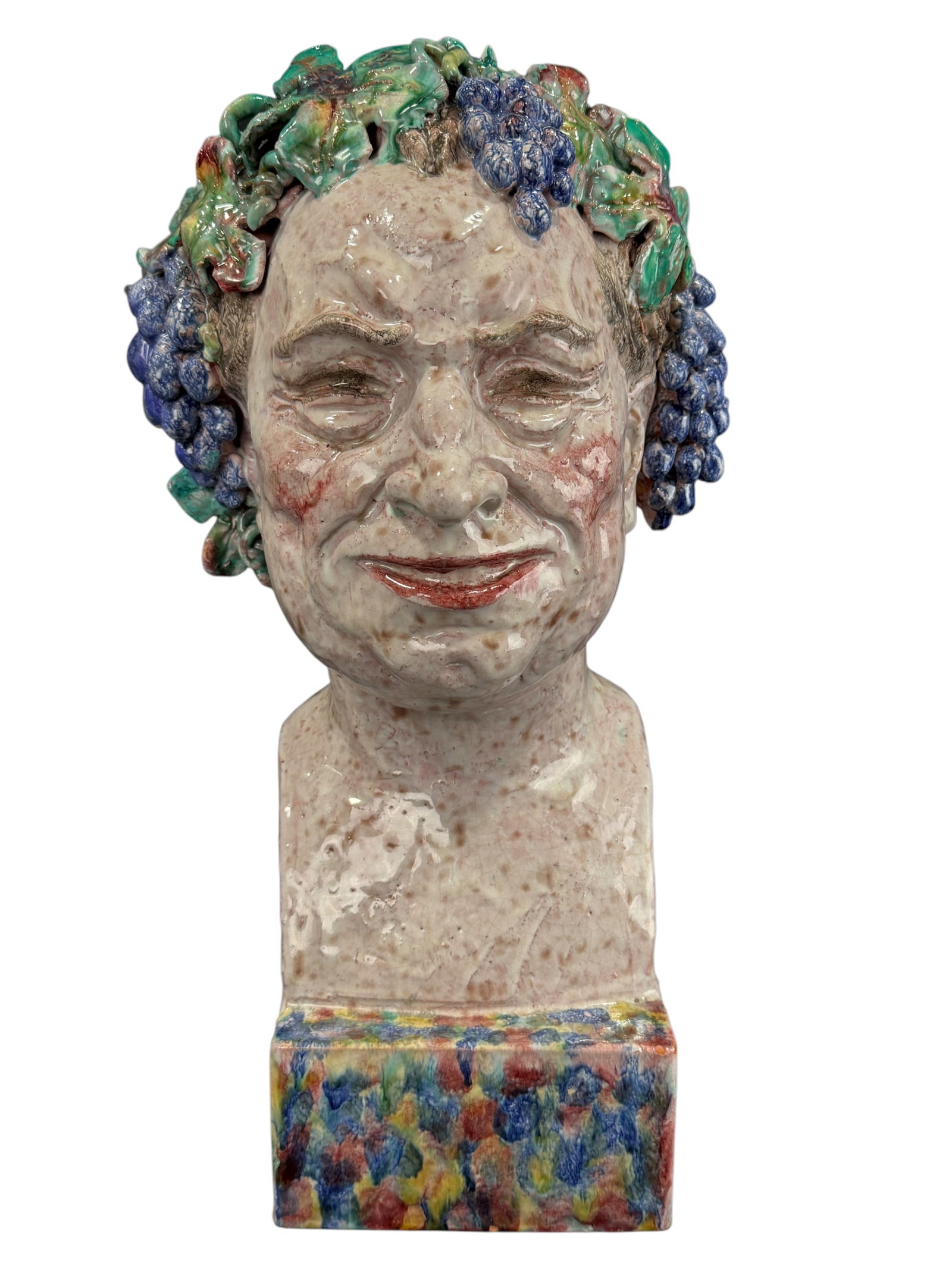 Large Signed Italian Majolica Bacchus Terracotta Bust: Large Signed Italian Majolica Bacchus Terracotta Bust. Signature illegible. Measures 19.5" H x 11" W x 9.5" D.