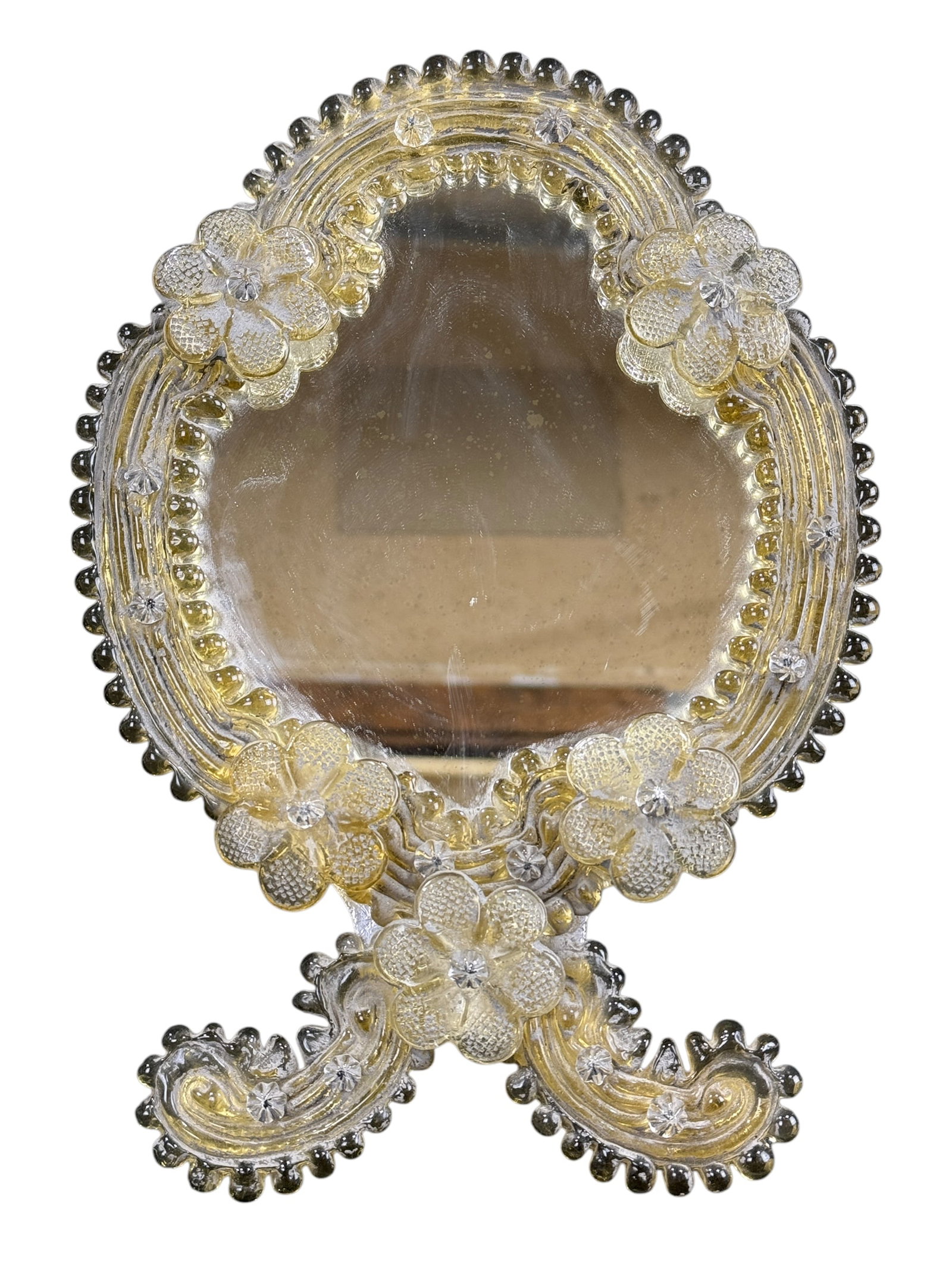 Italian Venetian Murano Art Glass Vanity Mirror: Italian Venetian Murano Art Glass Vanity Mirror. Measures 12" H x 8.75" W.