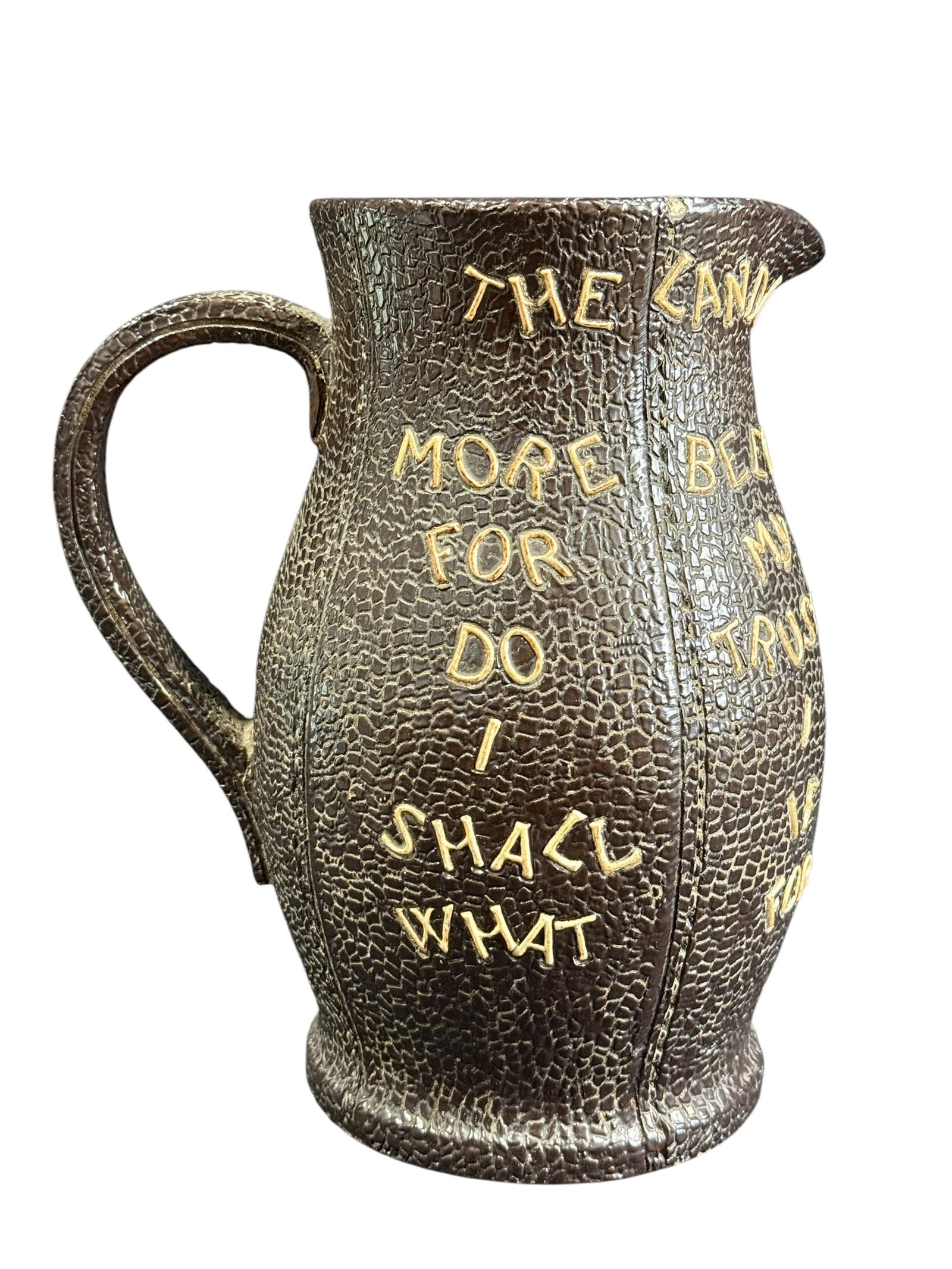 19th C. Royal Doulton "Landlords Caution" Stoneware Pitcher: Rare 19th C. Royal Doulton "Landlords Caution" Stoneware Pitcher. Made in the late 19th Century and features the landloards poem and leather like texture. Lambeth Slaters Patent Pitcher. Markings on t