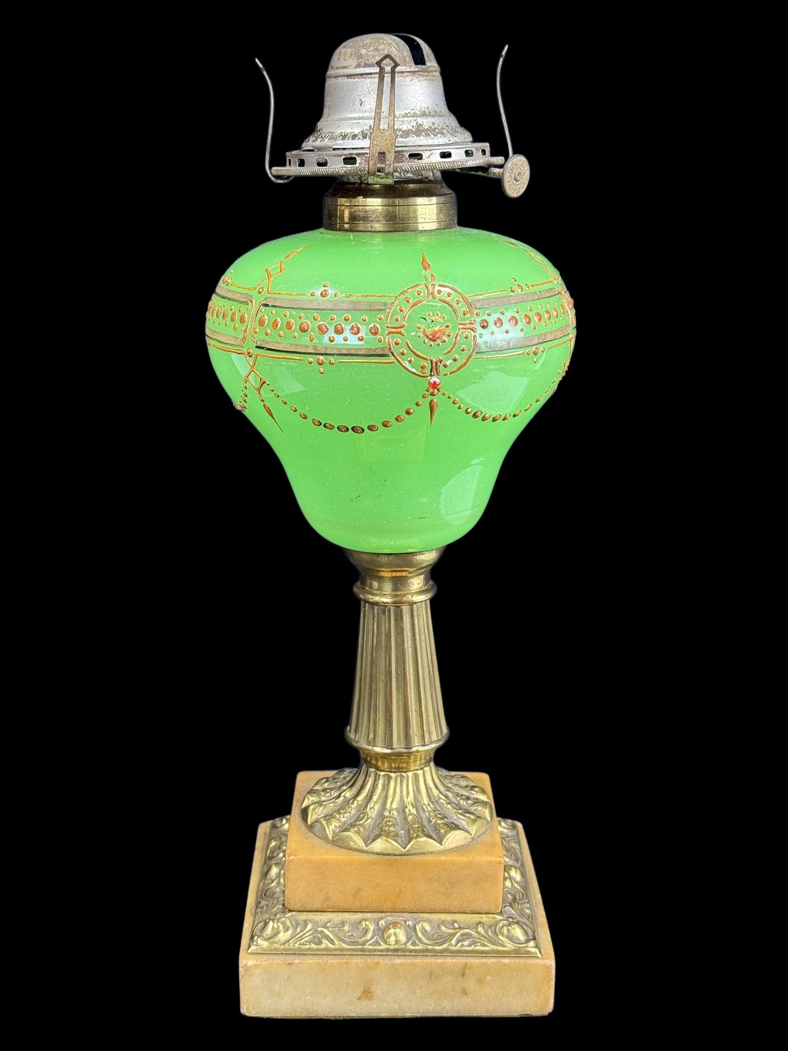 Antique Uranium Cased Oil Lamp w/ Brass & Marble Base: Antique Uranium Cased Oil Lamp w/ Brass & Marble Base. Measures 13.25" Tall.