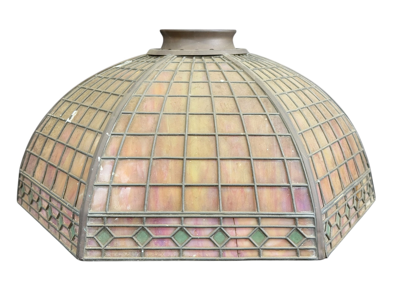 Signed Antique "Handel" Slag Glass Lamp Shade: Signed Antique "Handel" Slag Glass Lamp Shade. Signed "Handel" on the top rim of shade with Pat No. Measures 8" H x 16.75" W x 14.5" D.