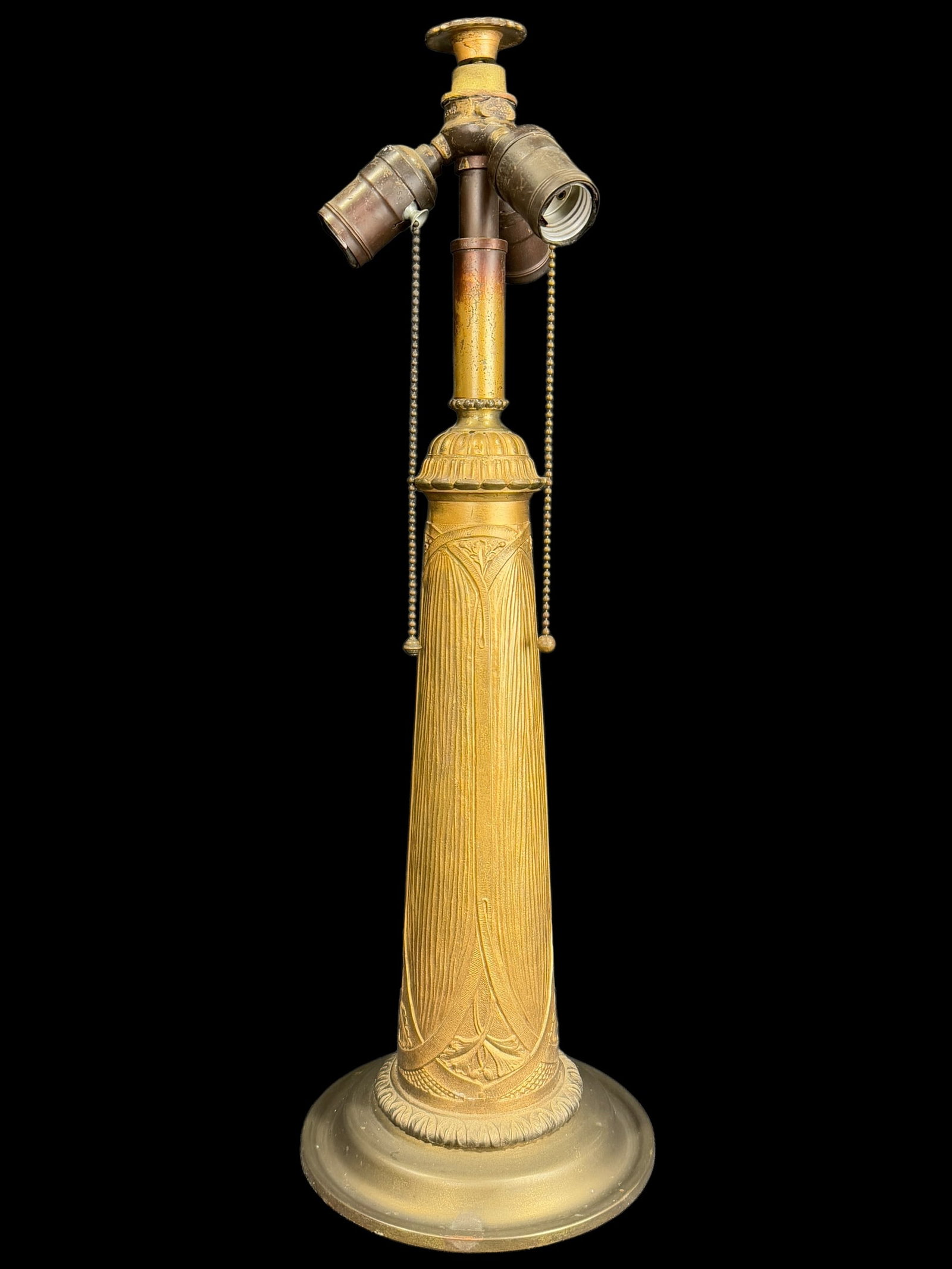 Antique Art Nouveau Bradley & Hubbard Gilt Bronze Lamp Base: Antique Art Nouveau Bradley & Hubbard Gilt Bronze Lamp Base. Badley & Hubbard mark at the top of down stem. Measures 22.5" Tall.