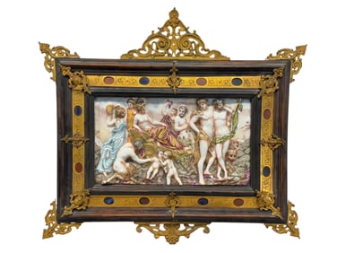 19th C. Framed Capodimonte "Bacchanalian" Scene Porcelain Plaque
