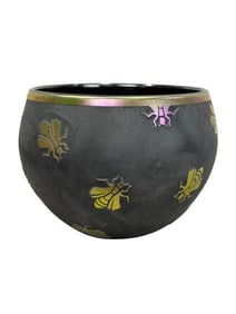 Signed Steven Carreia Black Satin Glass Bowl w/ Iridescent Bee's