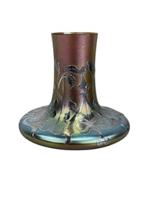 Signed Quezal Iridescent Art Nouveau Silver Overlay Vase