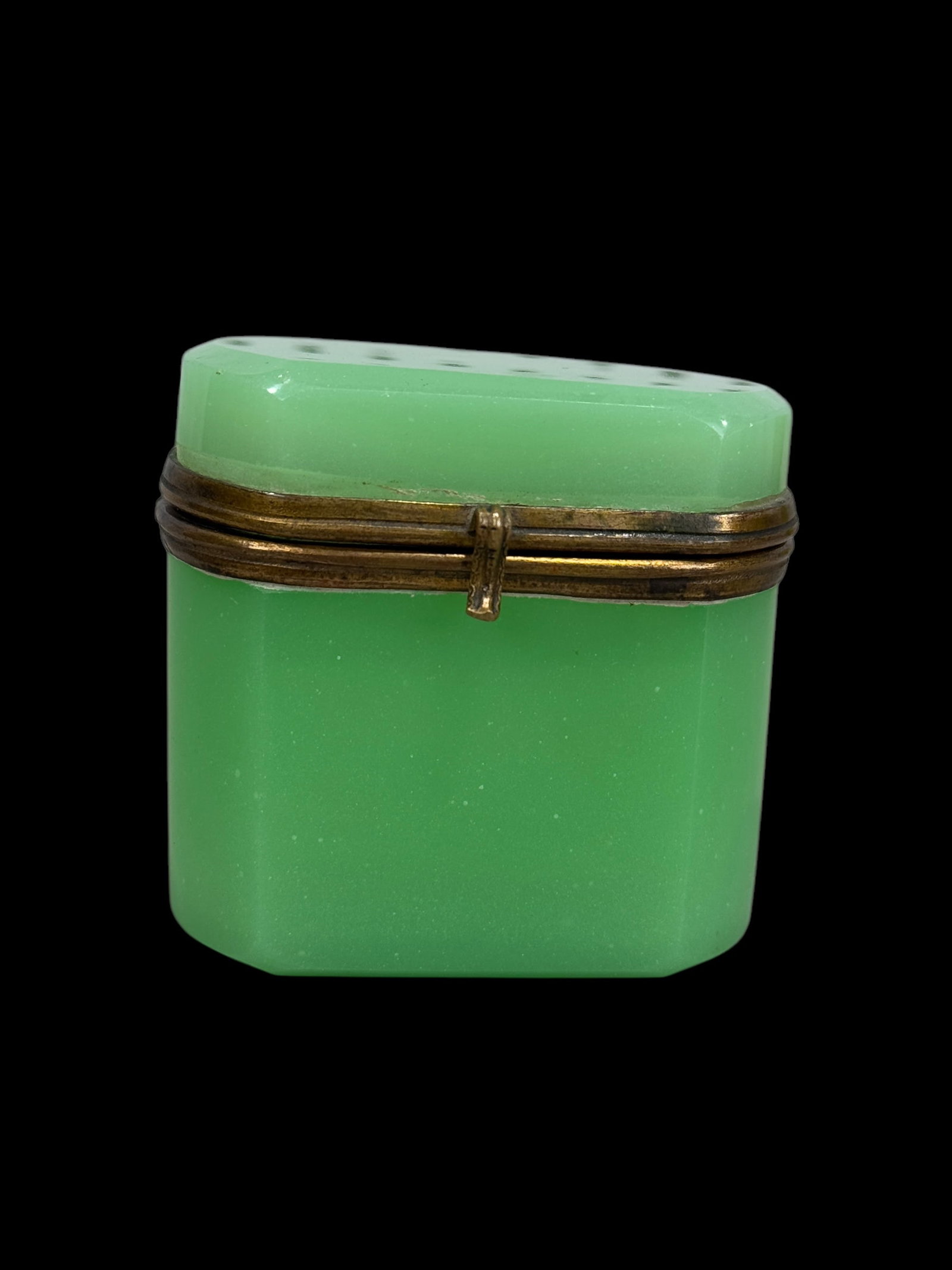 Antique French Opaline Uranium Glass Box: Antique French Opaline Uranium Glass Box. Measures 2.75" H x 2.75" W x 1.75" D.