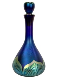 Signed Correia Iridescent "Pulled Feather" Art Glass Decanter