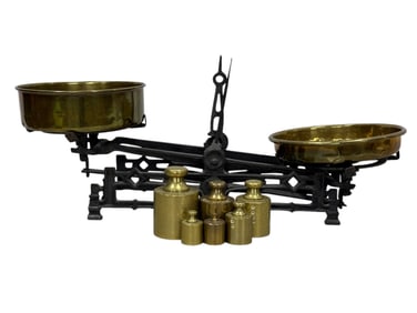 Antique Balance Scale w/ Brass Pans & Weights