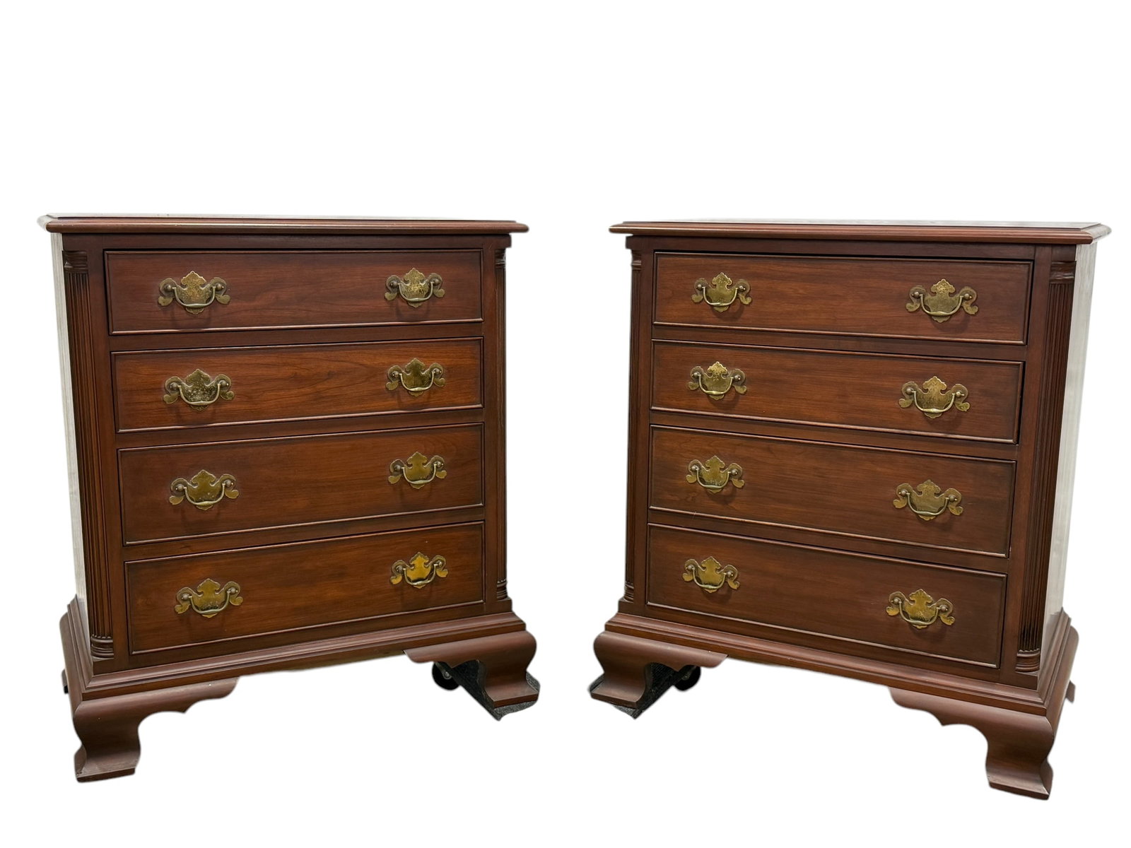 Pair of Wild Black Cherry Henkel-Harris Nightstands: Pair of Wild Black Cherry Henkel-Harris Nightstands. Label and stamp inside top drawer and label on the back of both. Measures 30" H x 26" W x 16.25" D.