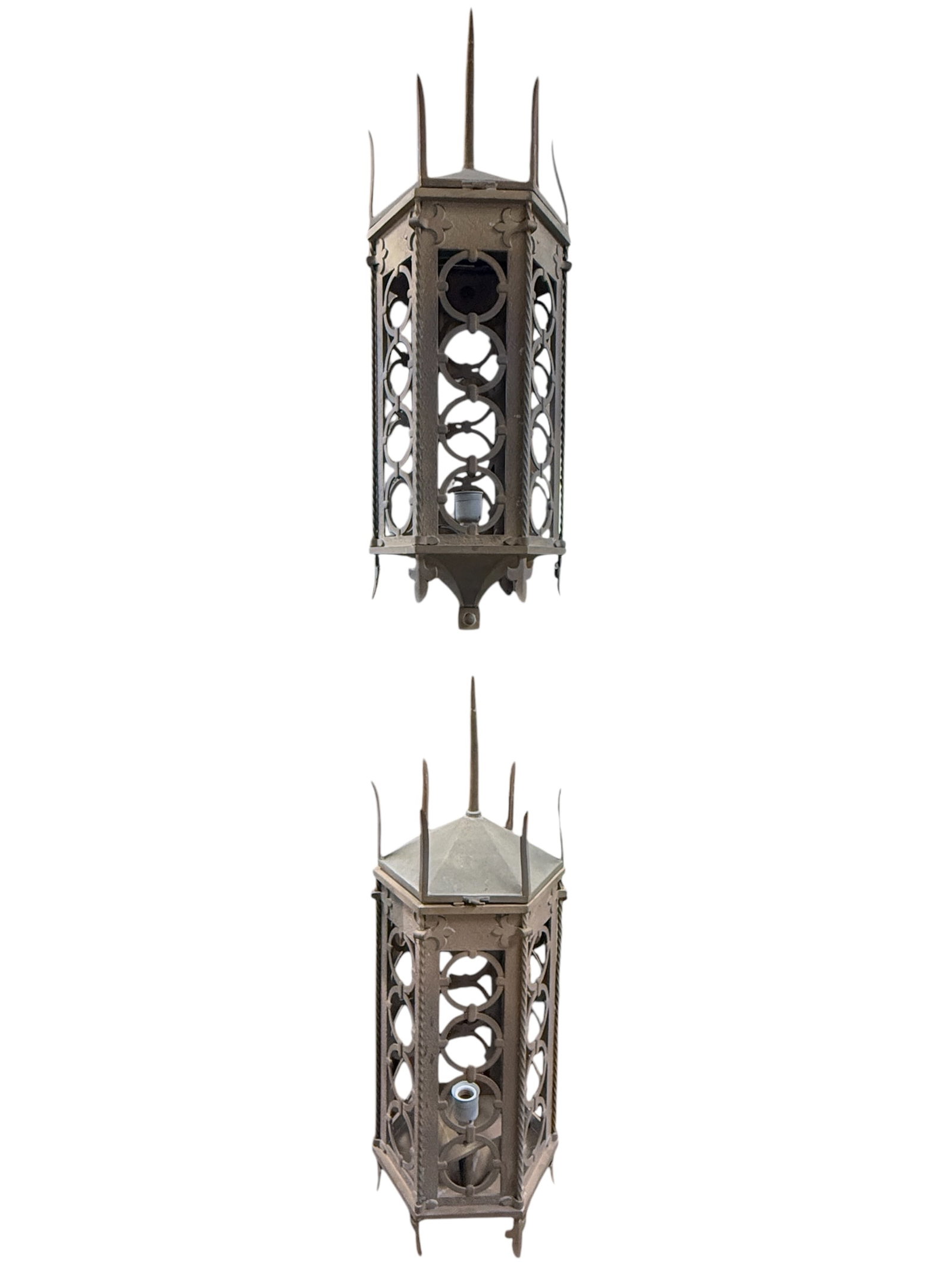 Pair of Hanging Gothic Lanterns: Pair of Hanging Gothic Lanterns. Measures 36.75" H x 12.5" W x 12" D.