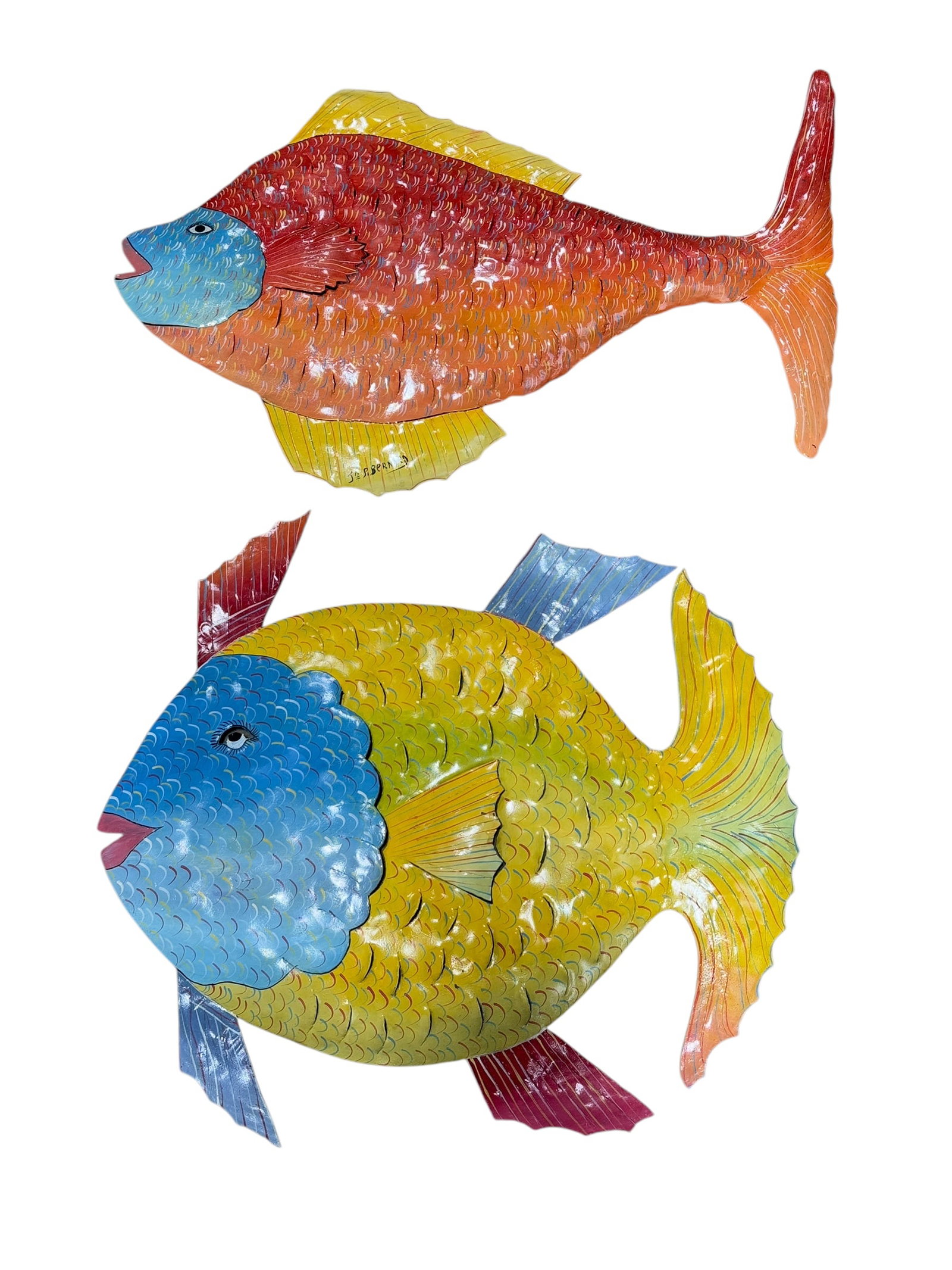 Pair of Signed Metal Folk Art Fish: Pair of Signed Metal Folk Art Fish. Signed by J N P Bernard. Measures 22.25" x 20.5" & 24.5" x 15.25".