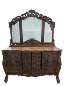 Mahogany Wood Carved Rococo Dresser w/ Bi-Fold Mirrors