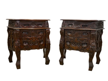 Pair of Mahogany Wood Carved Rococo Nightstands