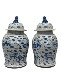 Pair of 19th C. Chinese Blue & White Covered Ginger Jars