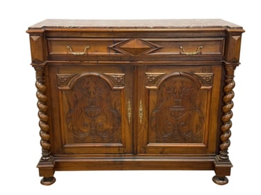 Antique Marble Top English Wood Carved Cabinet