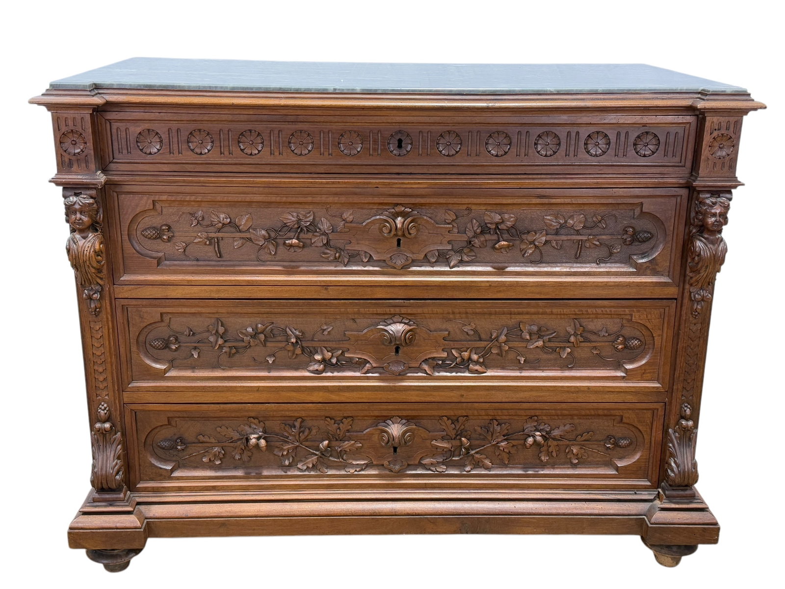 Antique Marble Top French Carved Walnut 4 Drawer Chest: Antique Marble Top French Carved Walnut 4 Drawer Chest. Measures 39.5" H x 51.5" W x 26.75" D.