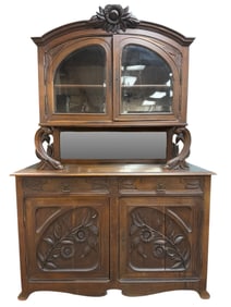 Antique French Oak Carved Monumental Art Nouveau China Hutch
