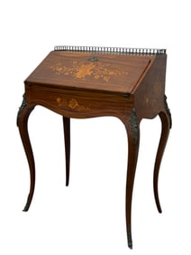 19th C. French Slant Front Walnut Desk w/ Floral Design Inlay