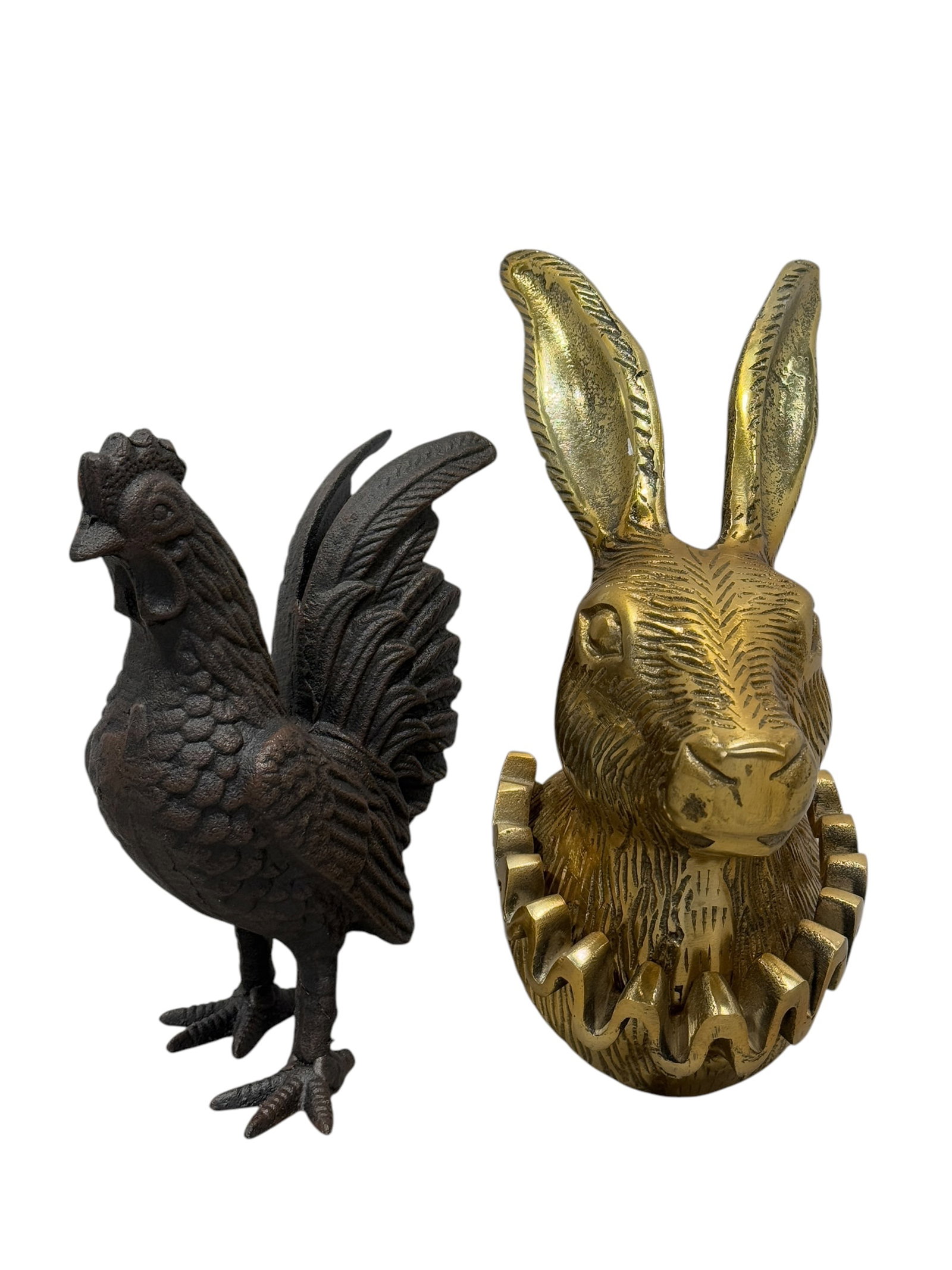 Cast Iron Rooster & Wall Hanging Brass Rabbit Head: Cast Iron Rooster & Wall Hanging Brass Rabbit Head. Rooster measures 8.75" Tall. Rabbit measures 12" H x 5" W x 5.5" D.