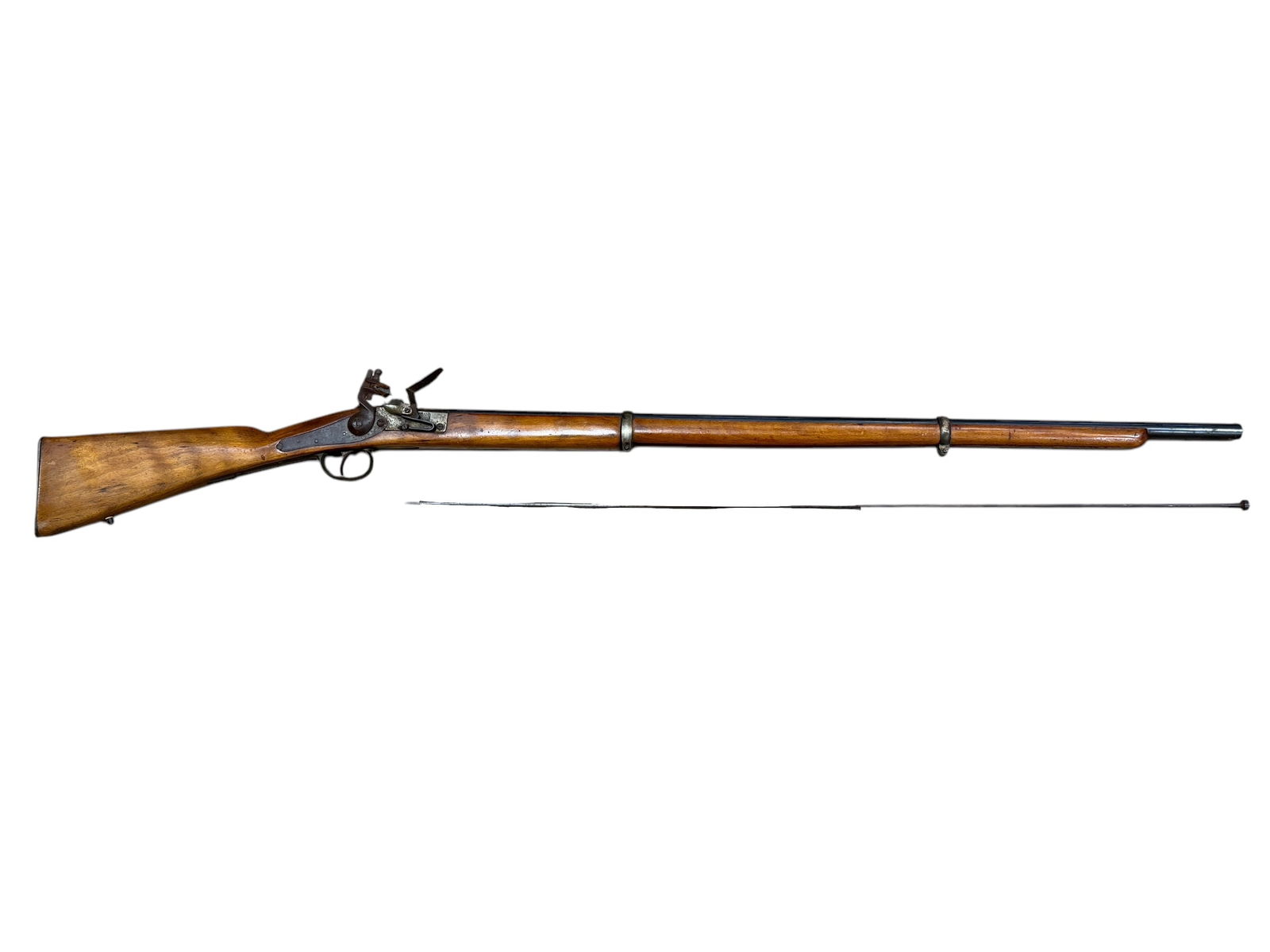 Flint Lock Rifle: Flint Lock Rifle. Marked made in Belgium. Overall measures 55.5" Long and the barrel measures 39.5" Long.