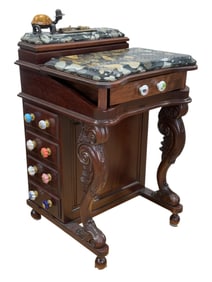 Marble Top Mahogany Davenport Writing Desk w/ Maitland Smith Turtle