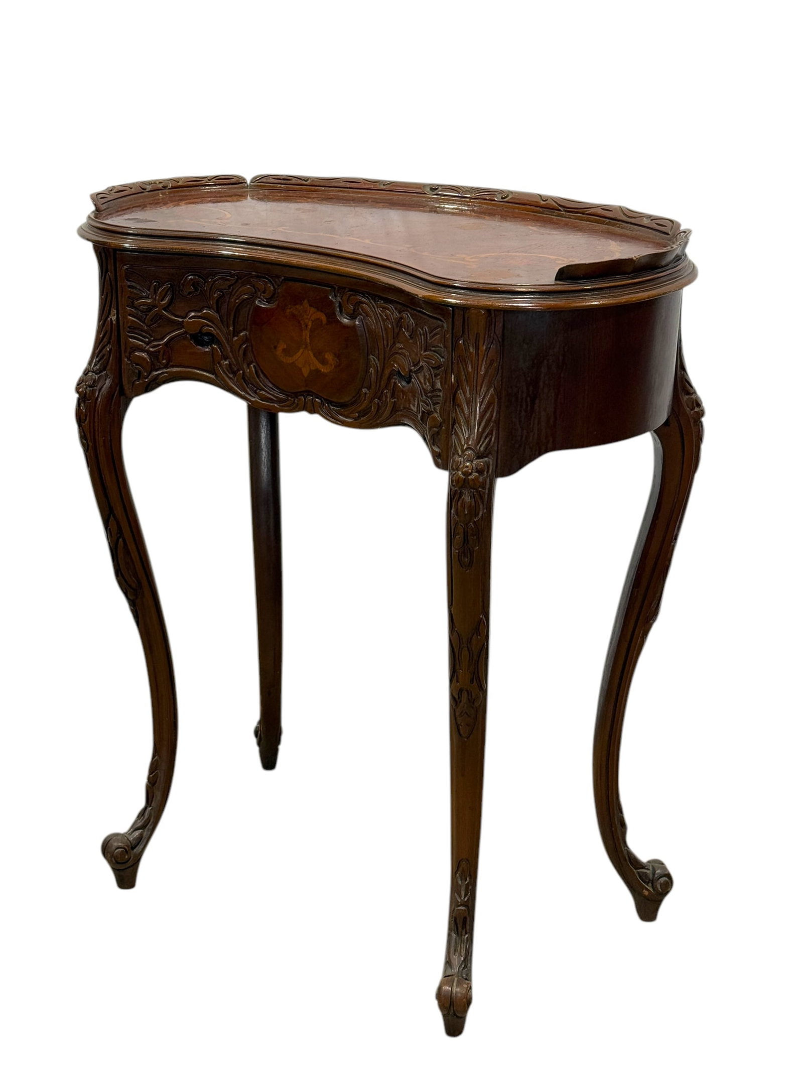 Antique French Provincial Inlaid Kidney Shaped Side Table w/ Drawer: Antique French Provincial Inlaid Kidney Shaped Side Table w/ Drawer. Measures 31.5" H x 27.25" W x 16.5" D.