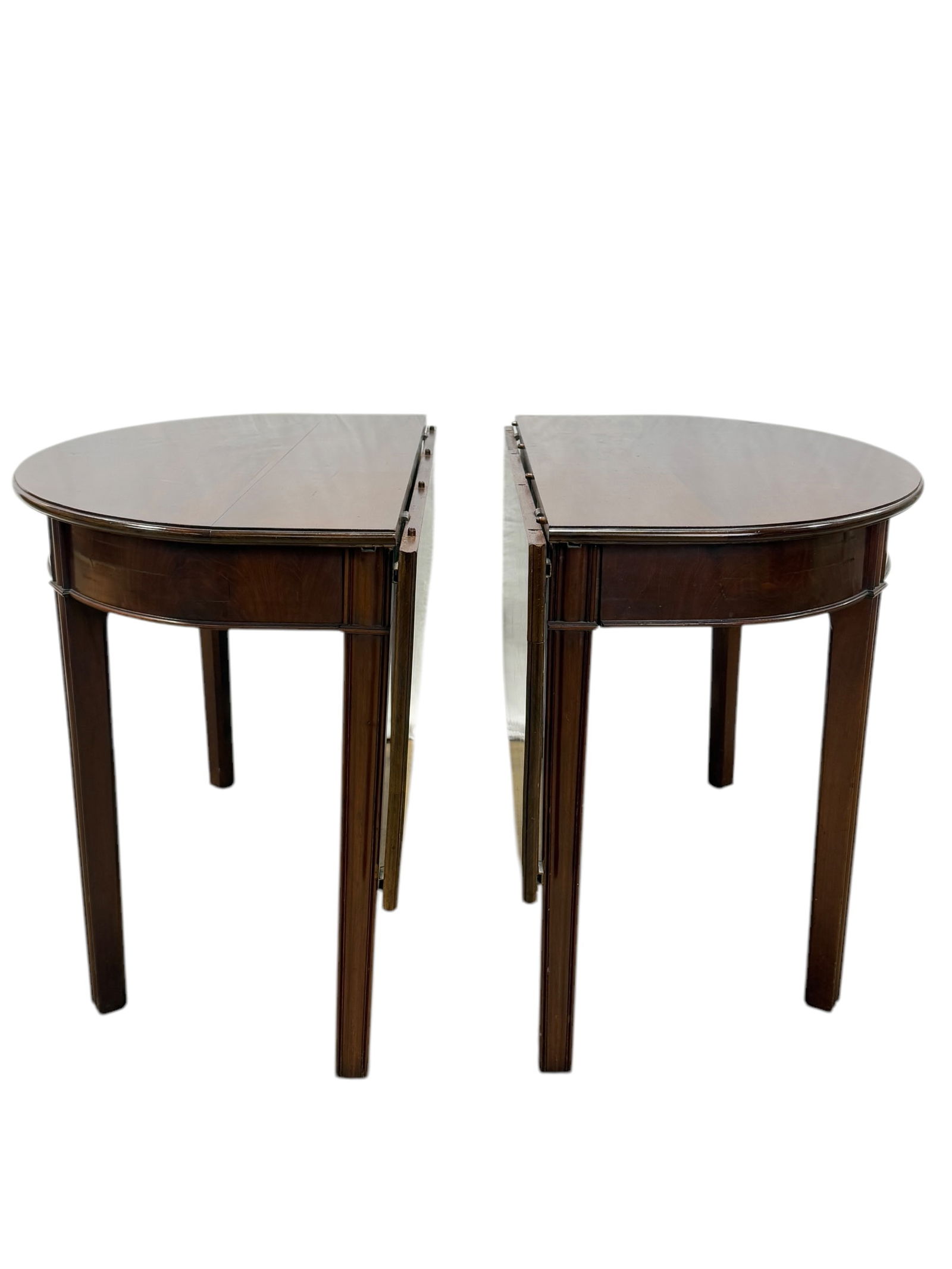 Antique George III Double Leaf Demi Lune Mahogany Banquet Dining Table: Antique George III Double Leaf Demi Lune Mahogany Banquet Dining Table. Each table measures 30.5" H x 48" W x 24" D. Tables measure 30.5" H x 83" W x 24" D fully assembled.