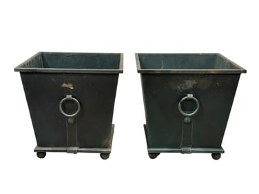 Pair of Green Metal Outdoor Planters