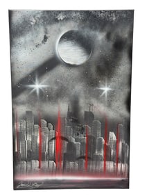 Signed Justin Berg City Scape Graffiti Art on Canvas