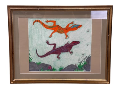 Signed Original Folk Art Floria Yancey "Two Lizards" Drawing