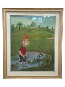 Signed Original Folk Art Oil on Canvas "Howdy Doody Style" Painting