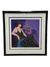 Signed Tarkay "Seated Woman, Black Dress" Serigraph