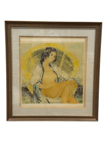 Signed Letellier Stone "Woman Desnudo in Arm Chair" Lithograph