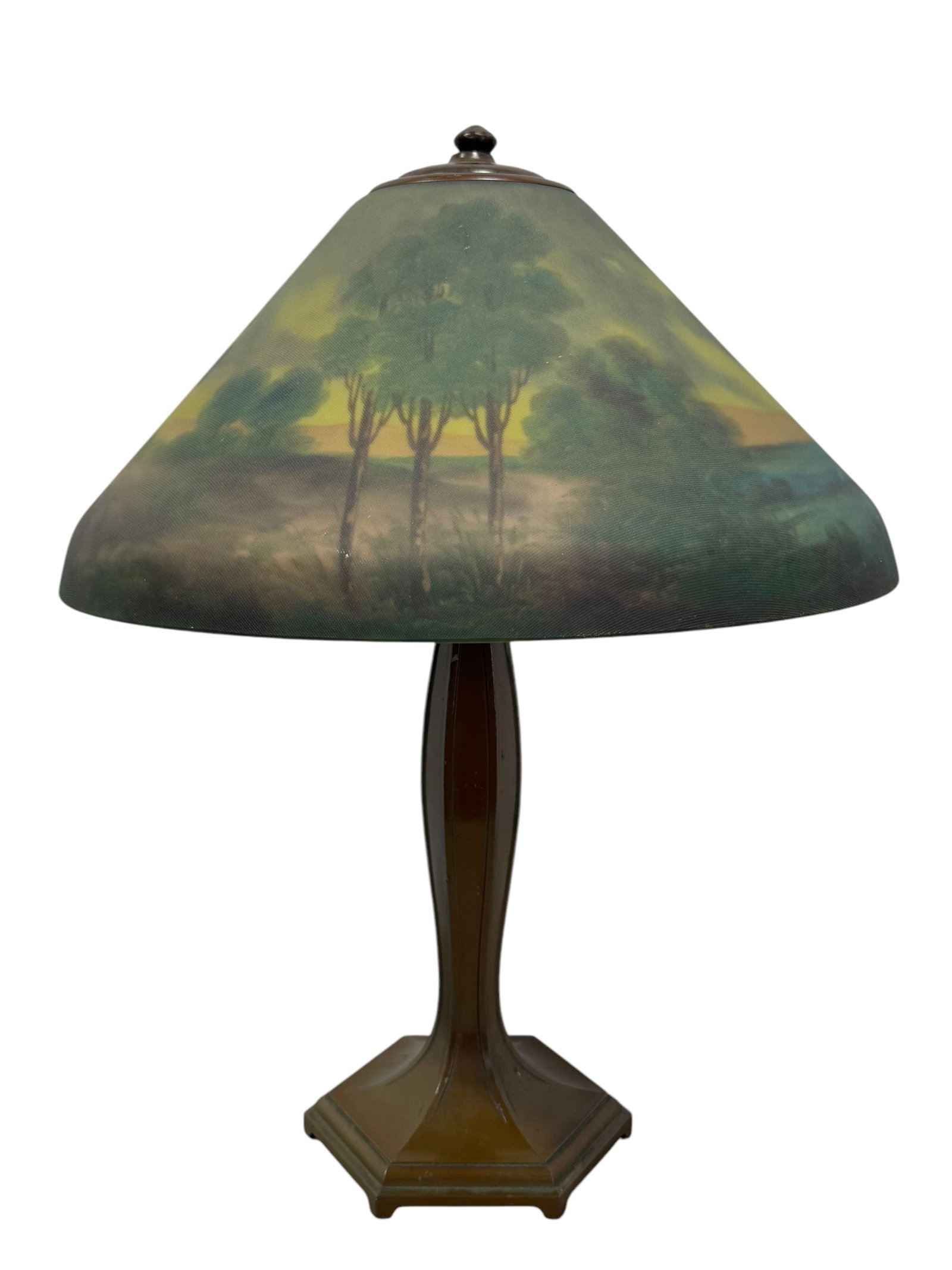 Signed Jefferson Co. Reverse Painted Lamp #1376: Signed Jefferson Co. Reverse Painted Lamp #1376. Shade is signed "1376 Jerfferson Co. along the edge and signed Poland. Bronze lamp base. Overall measures 23.25" Tall. Shade measures 8.75" H x 18" Dia