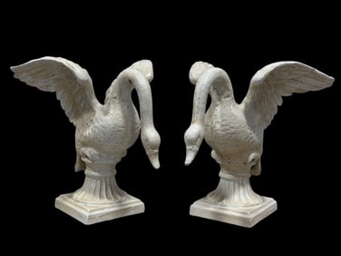Pair of Cast Iron Swan Garden Sculptures