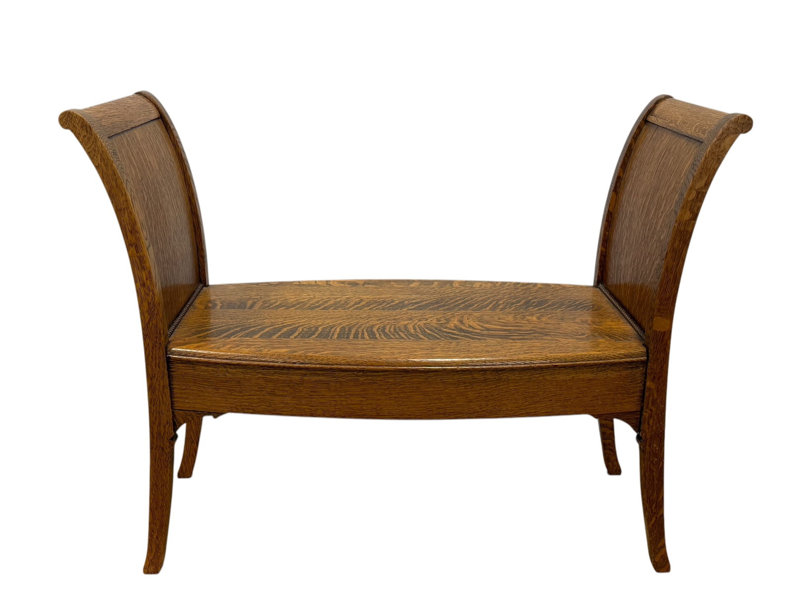 Antique Tiger Oak Bench: Antique Tiger Oak Bench. Measures 33.25" H x 41.5" W x 18.5" D.